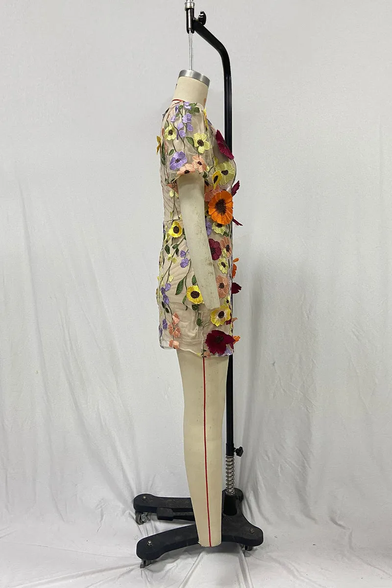 BT3056 Flower Embroidery Mini Dress