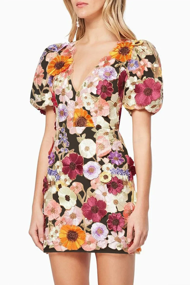 BT3056 Flower Embroidery Mini Dress