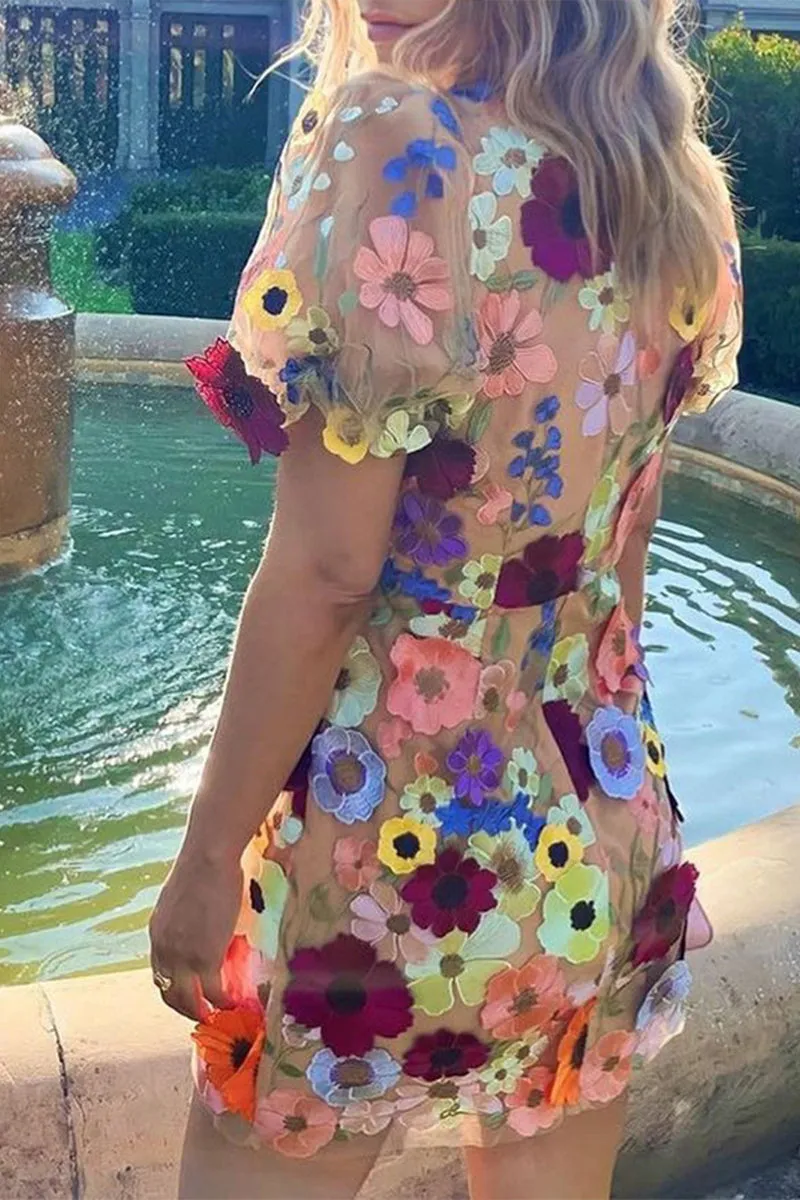 BT3056 Flower Embroidery Mini Dress