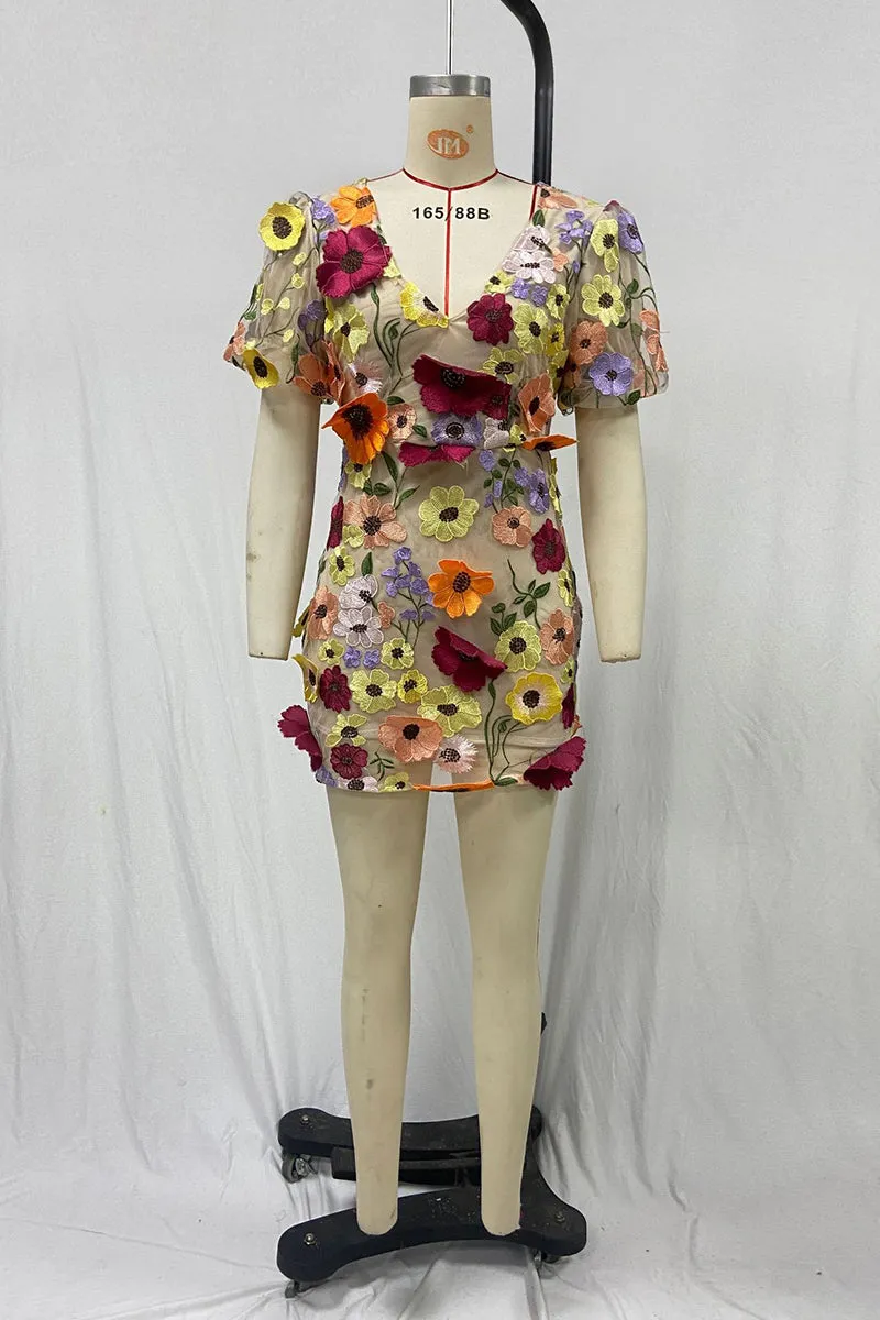 BT3056 Flower Embroidery Mini Dress