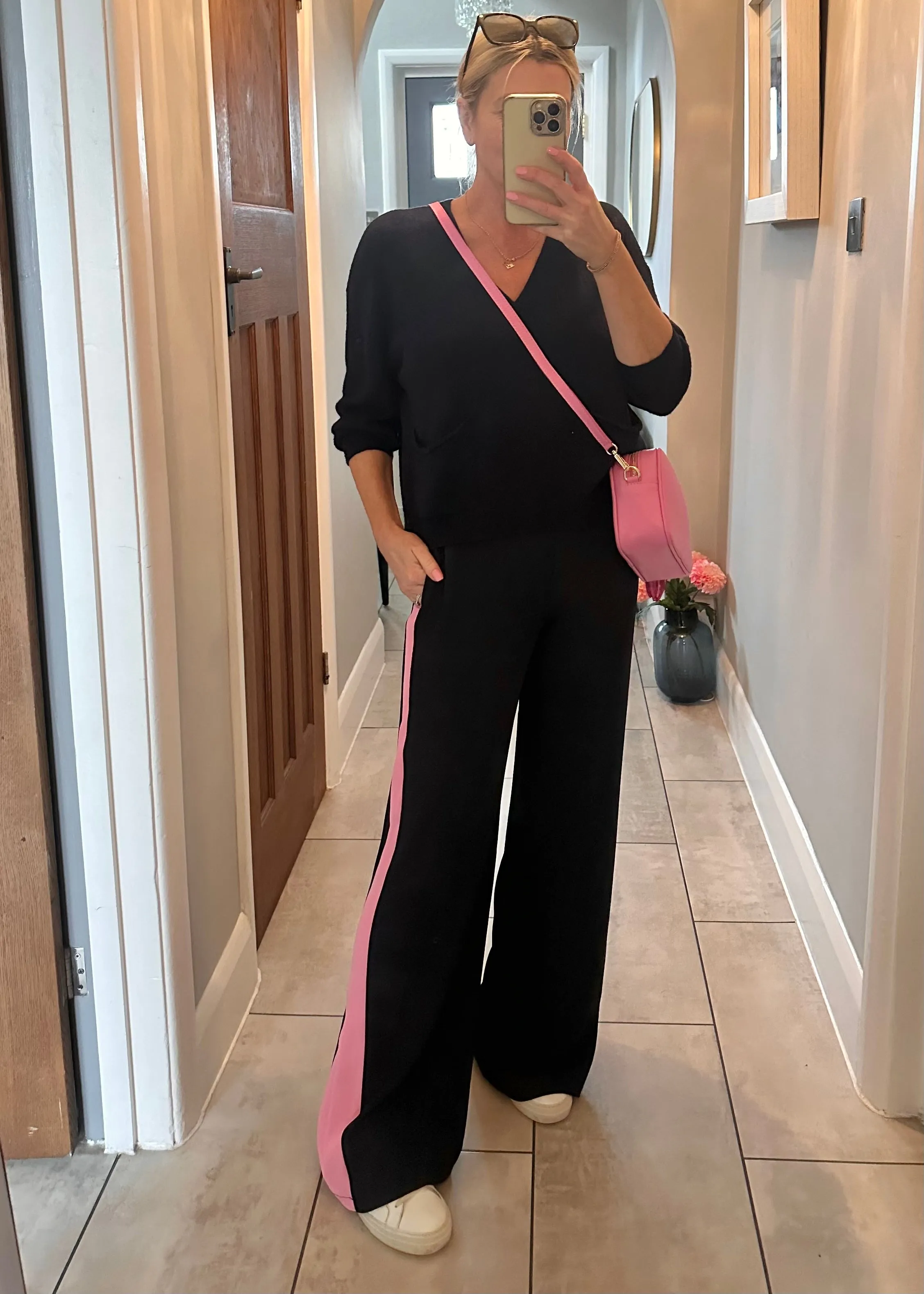 Camel/Black Stripe Wide Leg Trousers