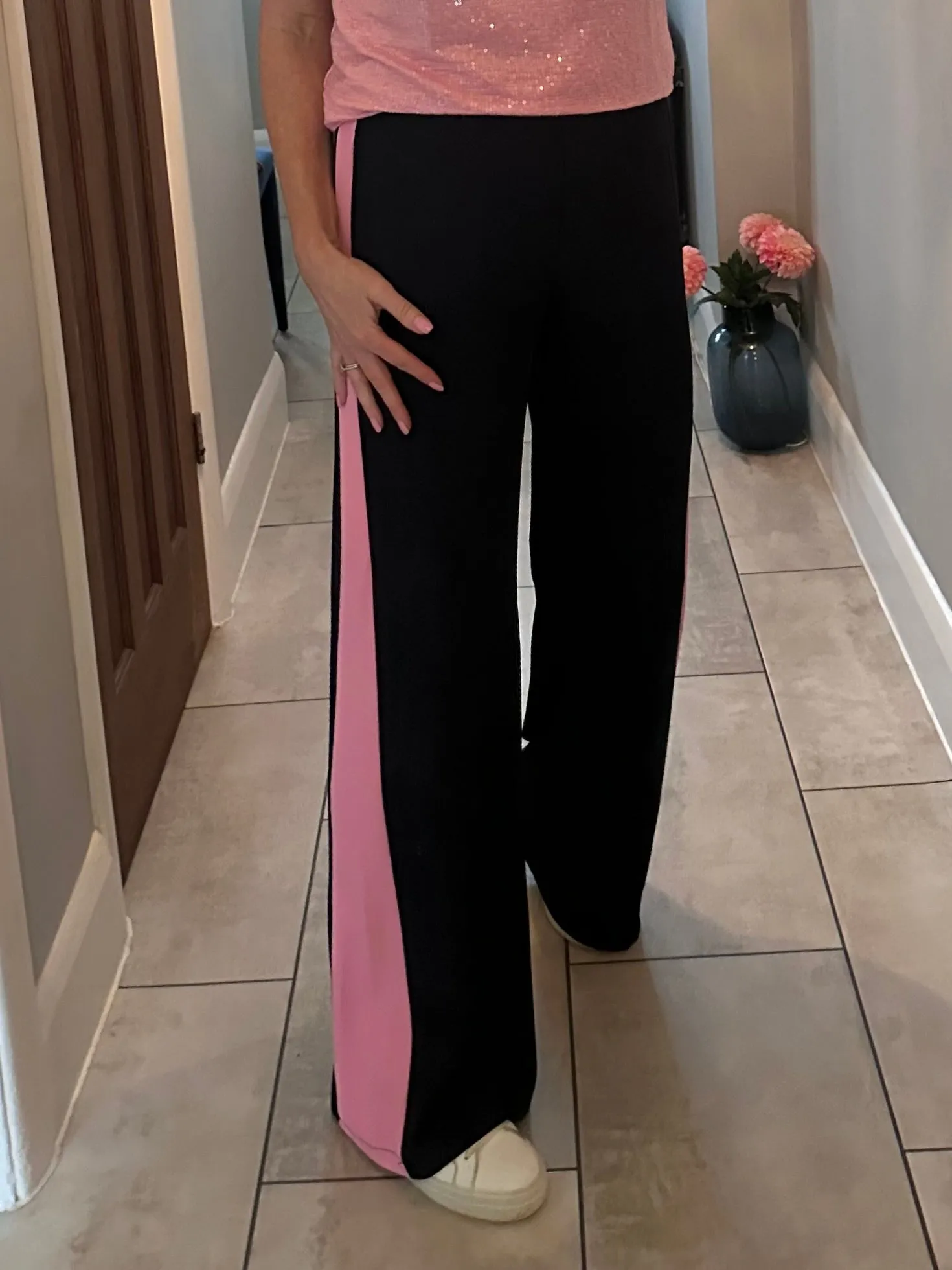 Camel/Black Stripe Wide Leg Trousers