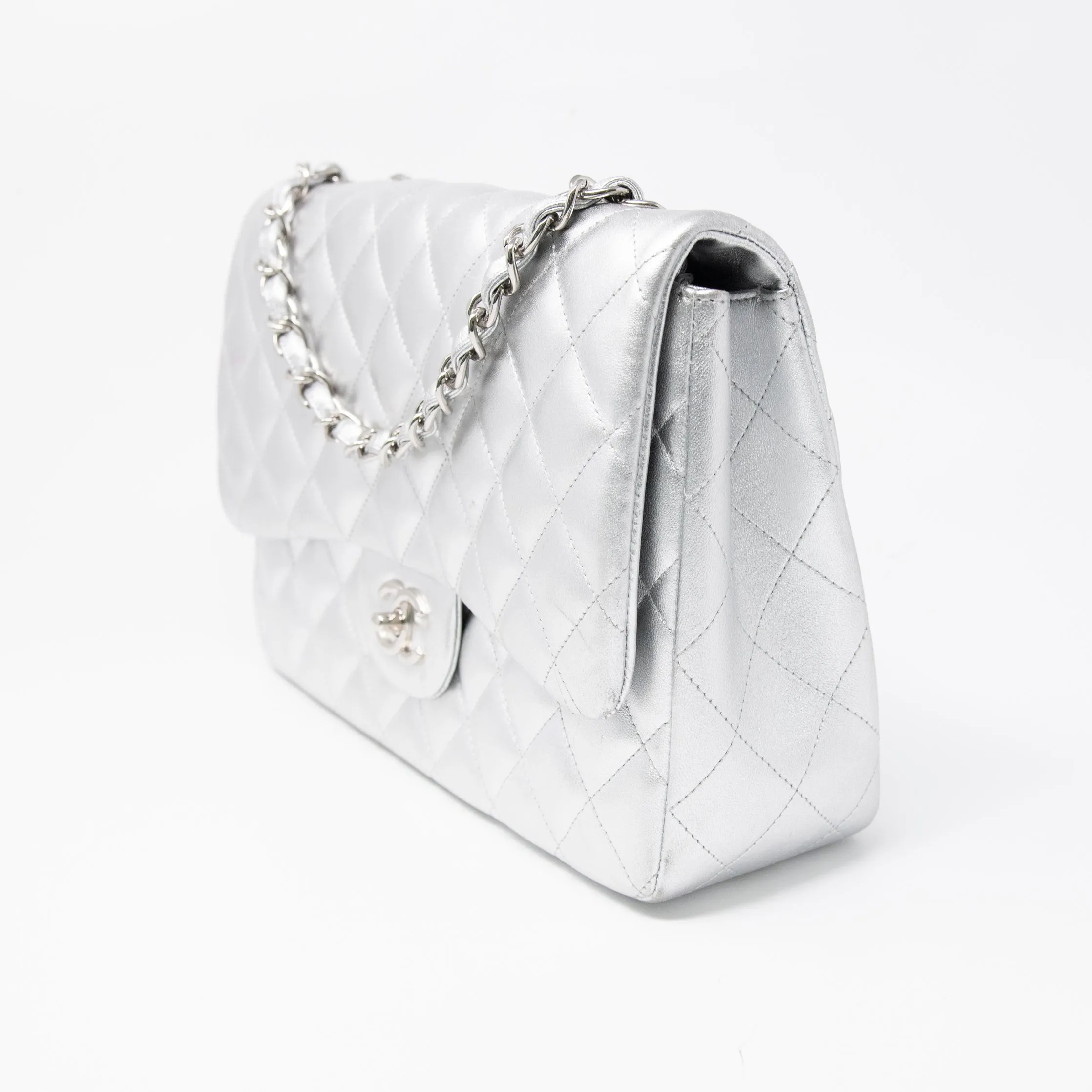 Chanel Metallic Silver Jumbo Flap