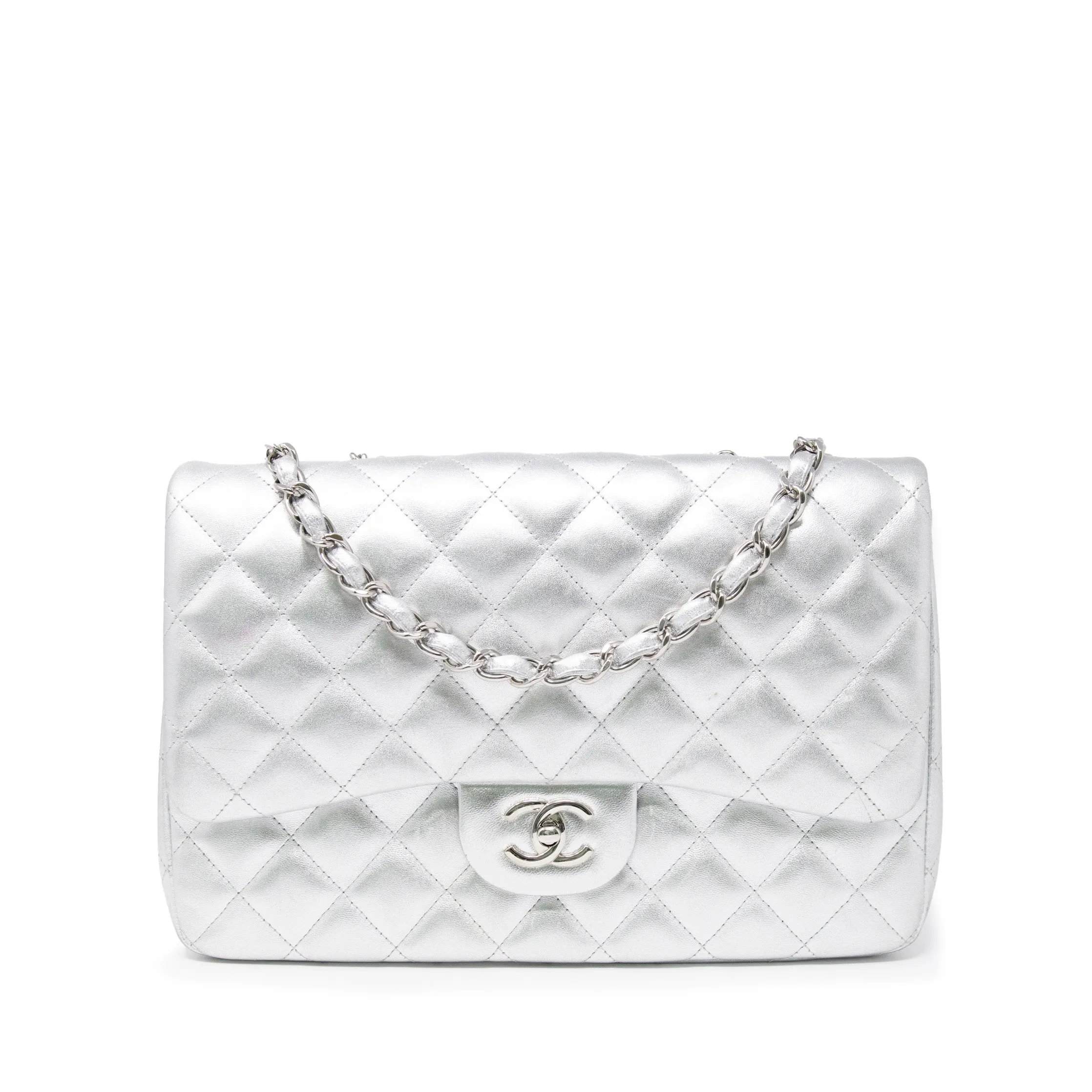 Chanel Metallic Silver Jumbo Flap