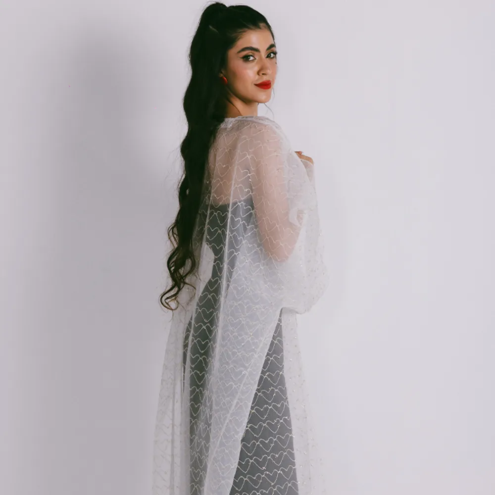 Classic Cut Organza Evening Abaya With Metallic Treads Heart Motifs On Fabric