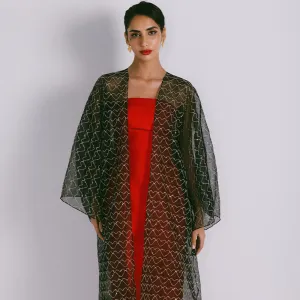 Classic Cut Organza Evening Abaya With Metallic Treads Heart Motifs On Fabric