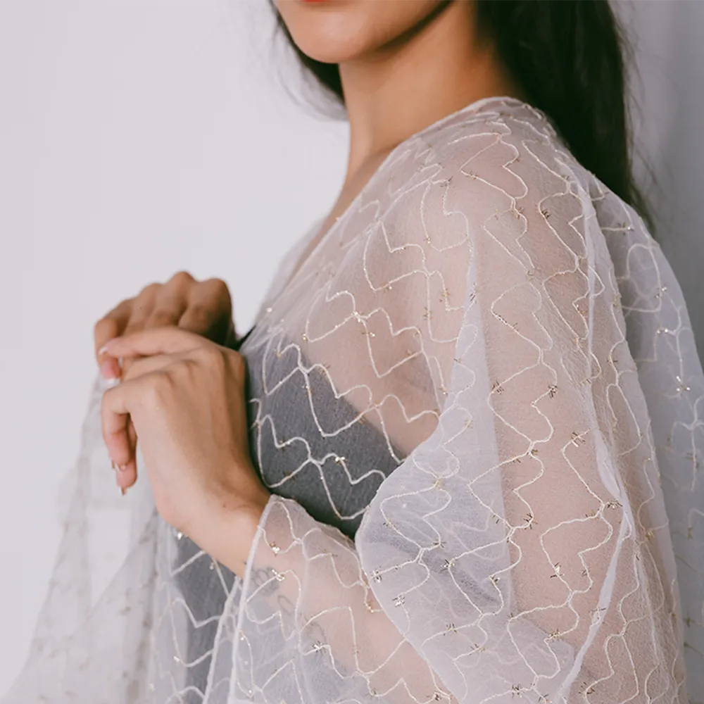 Classic Cut Organza Evening Abaya With Metallic Treads Heart Motifs On Fabric