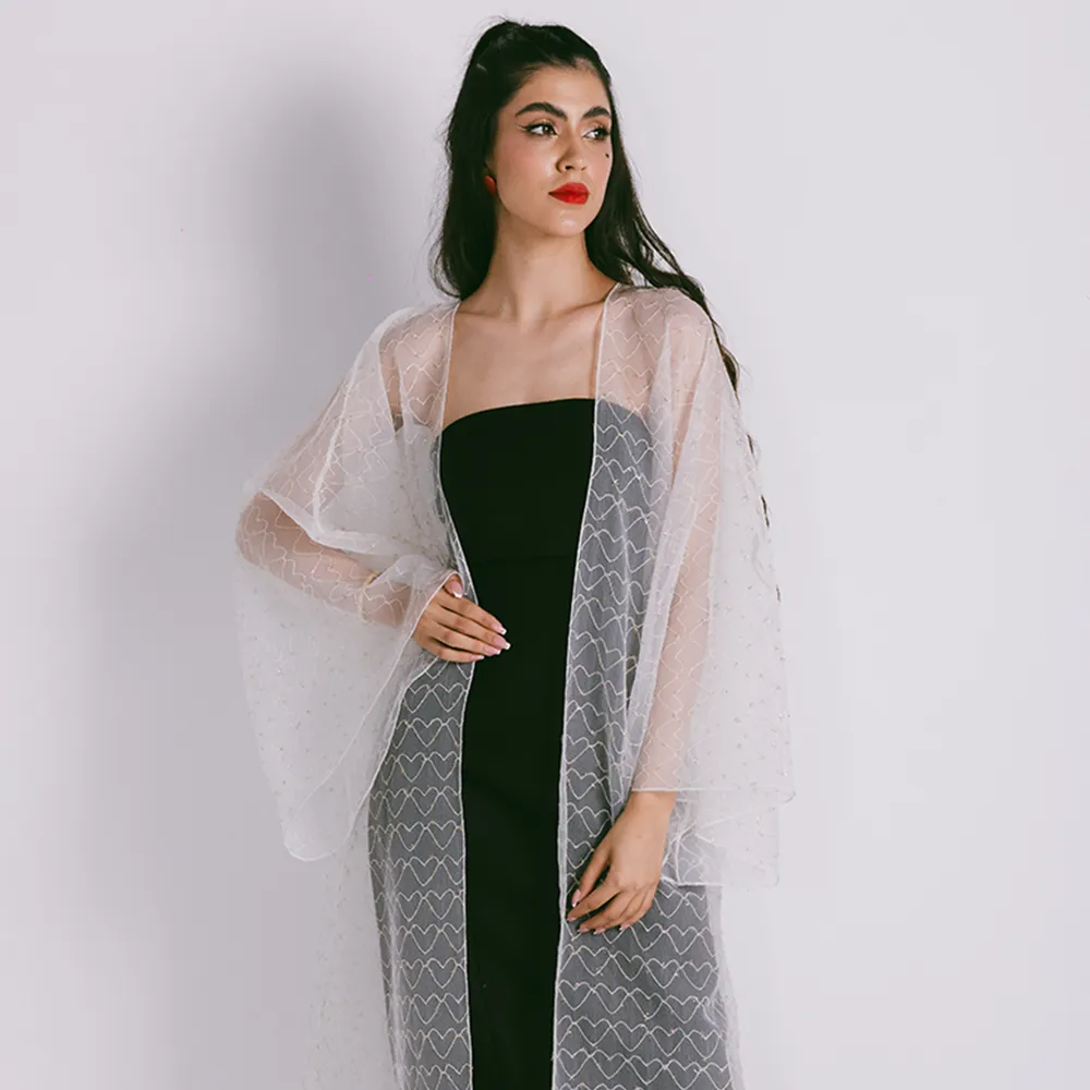 Classic Cut Organza Evening Abaya With Metallic Treads Heart Motifs On Fabric