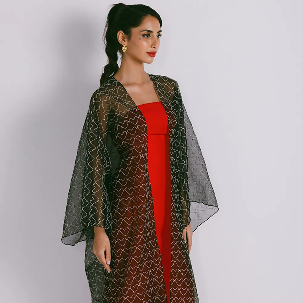 Classic Cut Organza Evening Abaya With Metallic Treads Heart Motifs On Fabric