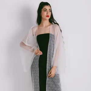 Classic Cut Organza Evening Abaya With Metallic Treads Heart Motifs On Fabric