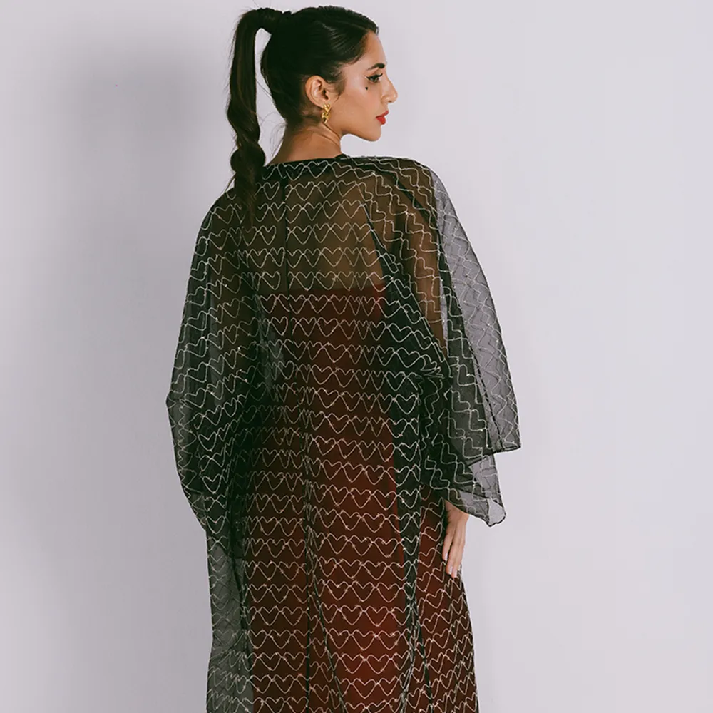 Classic Cut Organza Evening Abaya With Metallic Treads Heart Motifs On Fabric
