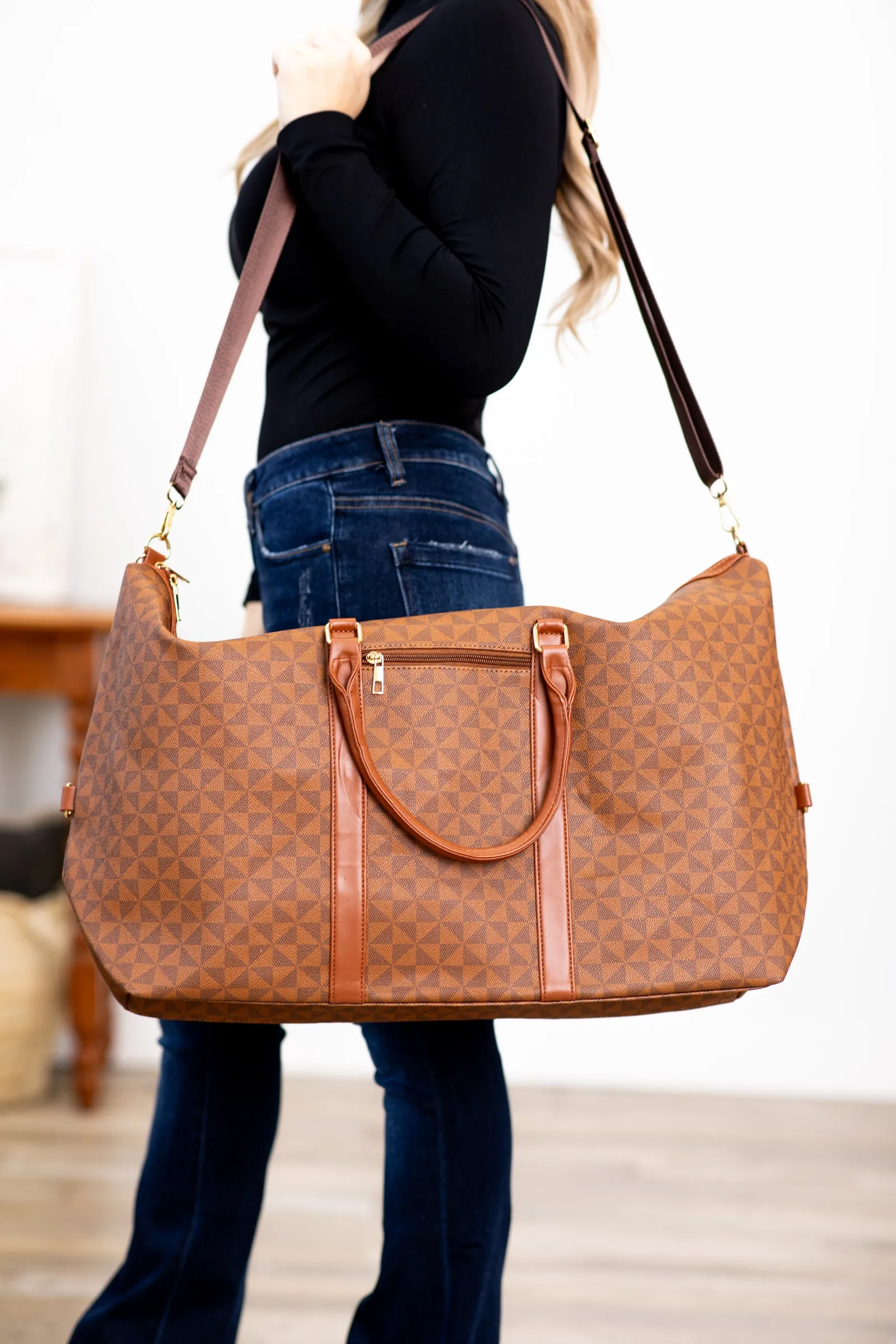 Cognac and Brown Geometric Print Weekender Bag