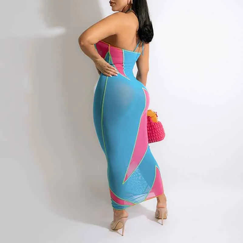 Colorblock Halter Sleeveless Sheer Mesh Maxi Dress
