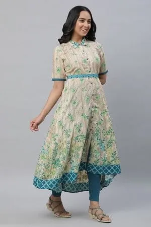 Cream Printed Asymmetrical Dress & Tighs Set
