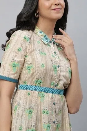 Cream Printed Asymmetrical Dress & Tighs Set