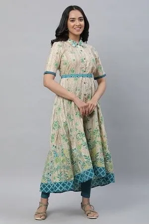 Cream Printed Asymmetrical Dress & Tighs Set