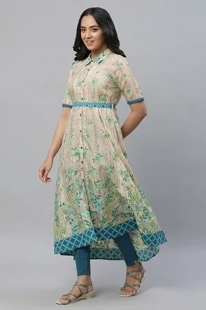 Cream Printed Asymmetrical Dress & Tighs Set