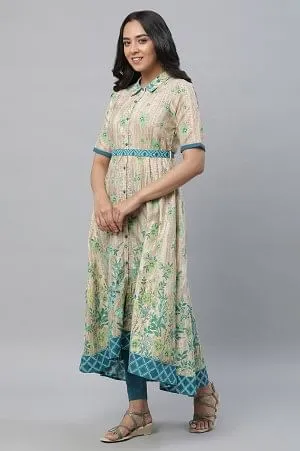 Cream Printed Asymmetrical Dress & Tighs Set