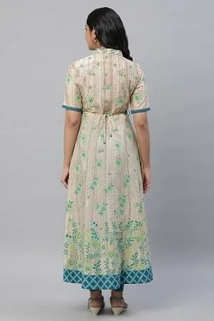 Cream Printed Asymmetrical Dress & Tighs Set