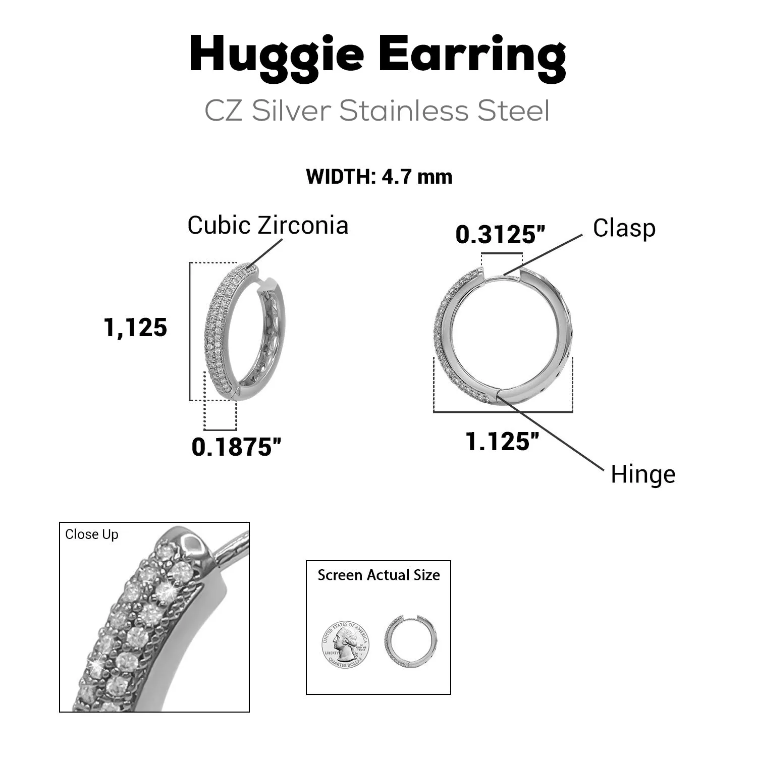 Cubic Zirconia Silver Plated Huggie Hoop Stainless Steel Earrings