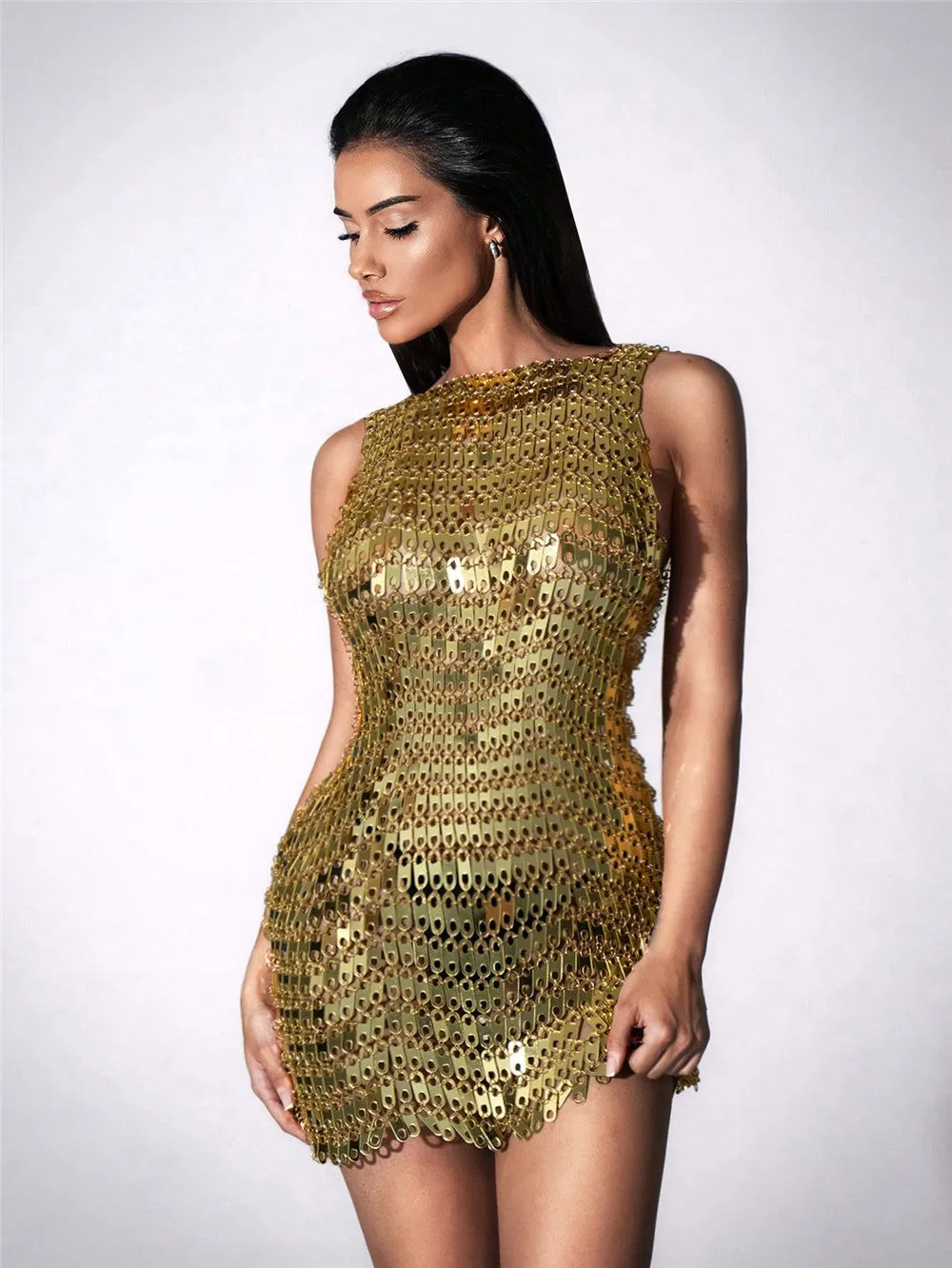Dazzling Metallic Chainmail Mini Dress for Glamorous Nightlife