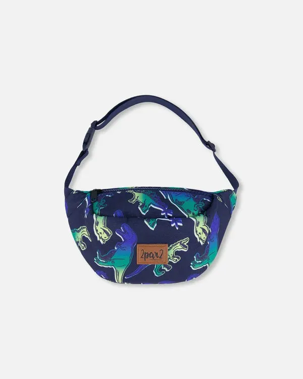 Deux Par Deux Printed Fanny Pack Blue And Green Dino On Navy