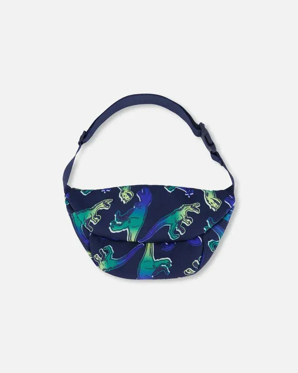 Deux Par Deux Printed Fanny Pack Blue And Green Dino On Navy