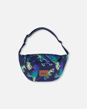 Deux Par Deux Printed Fanny Pack Blue And Green Dino On Navy