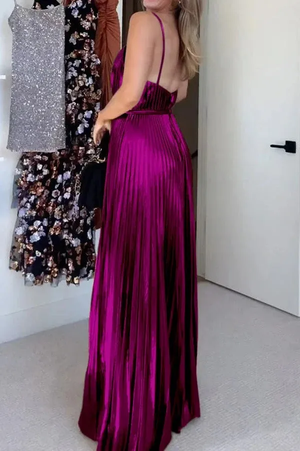 Disco Fashion Metallic Fabric Pleated Pocket Slip Wide Leg Jumpsuit
