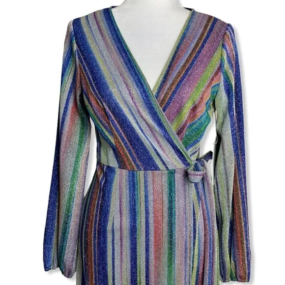 DREW Patsy Wrap Dress NWT $276 Multicolor Striped Metallic Women's Size Small
