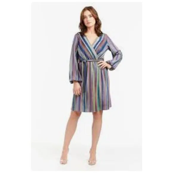 DREW Patsy Wrap Dress NWT $276 Multicolor Striped Metallic Women's Size Small