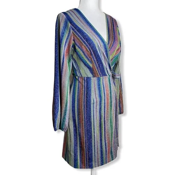 DREW Patsy Wrap Dress NWT $276 Multicolor Striped Metallic Women's Size Small