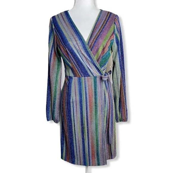 DREW Patsy Wrap Dress NWT $276 Multicolor Striped Metallic Women's Size Small