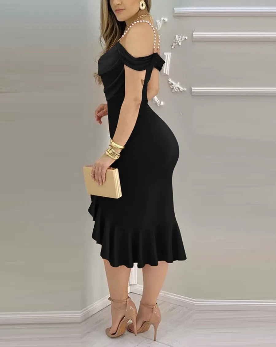 Elegant Pearl-Strap Draped Off-Shoulder Midi Dress with Ruffled Hem