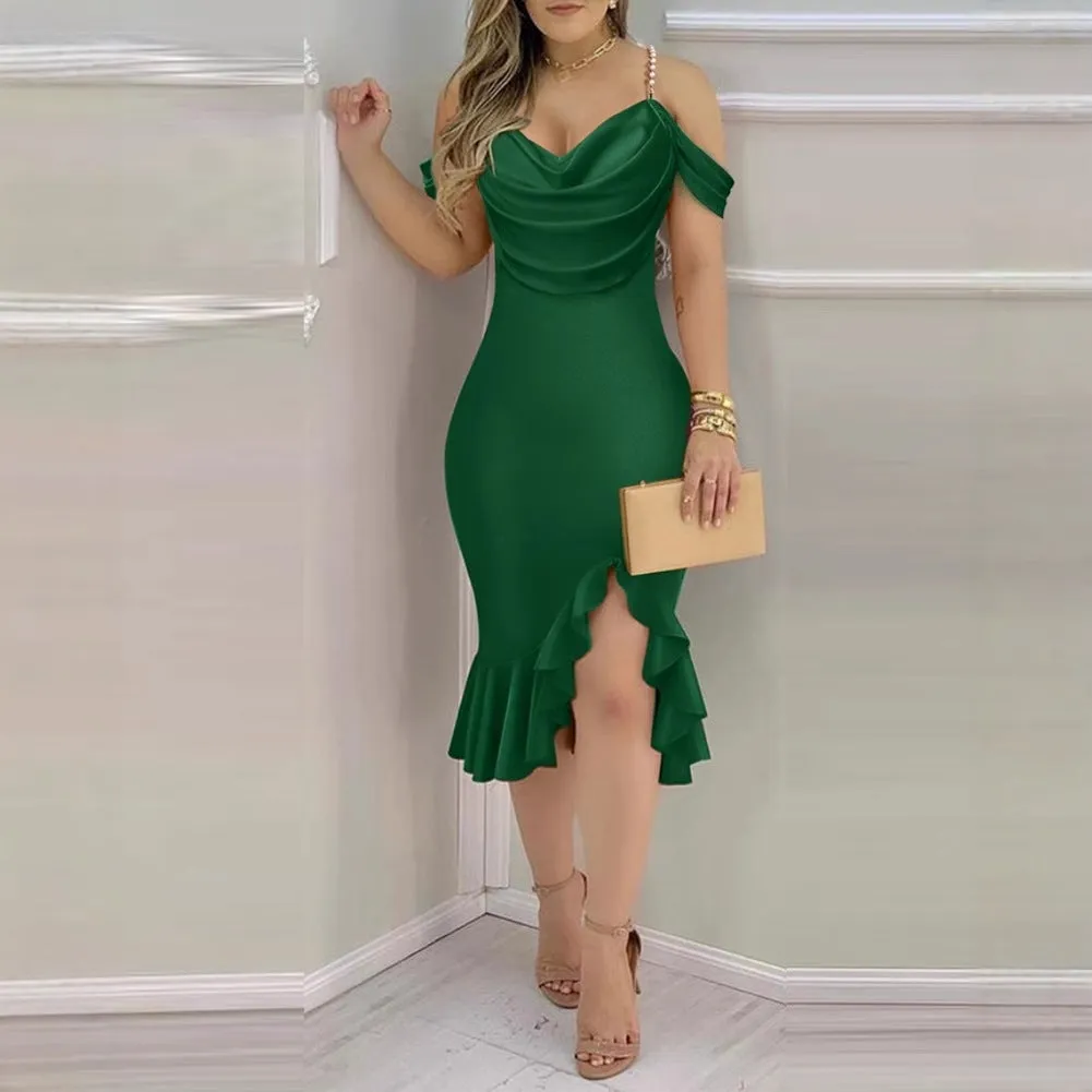 Elegant Pearl-Strap Draped Off-Shoulder Midi Dress with Ruffled Hem