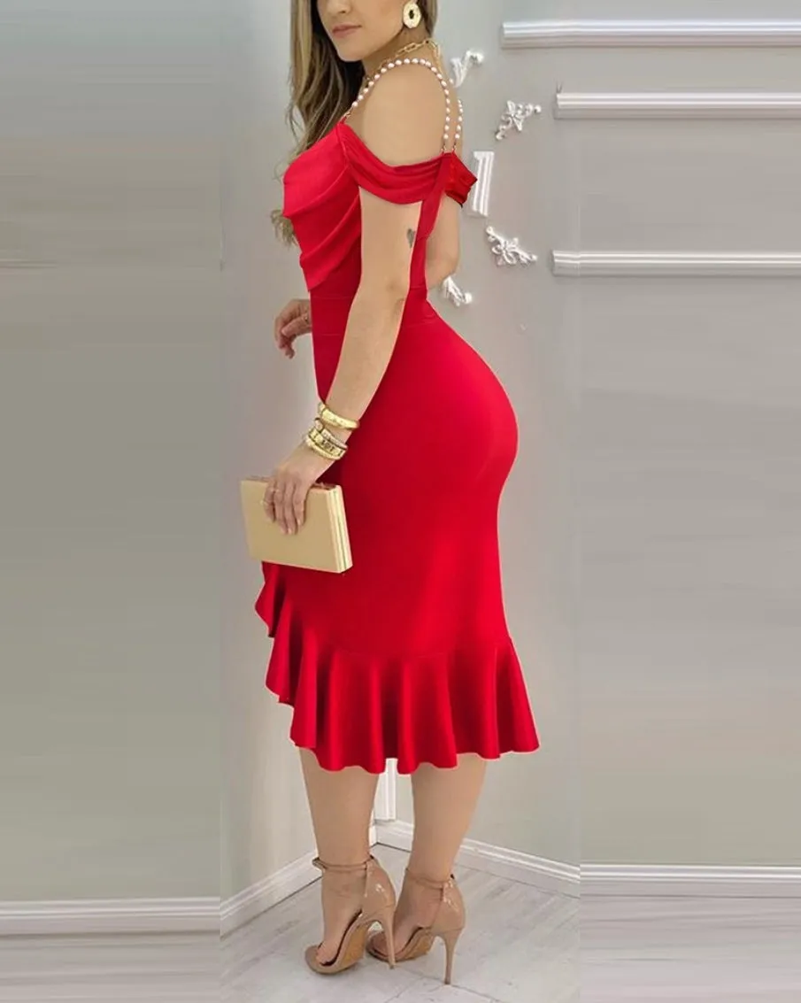 Elegant Pearl-Strap Draped Off-Shoulder Midi Dress with Ruffled Hem