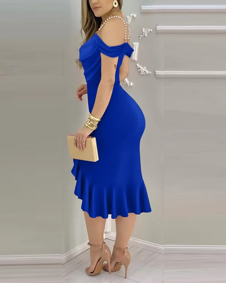 Elegant Pearl-Strap Draped Off-Shoulder Midi Dress with Ruffled Hem