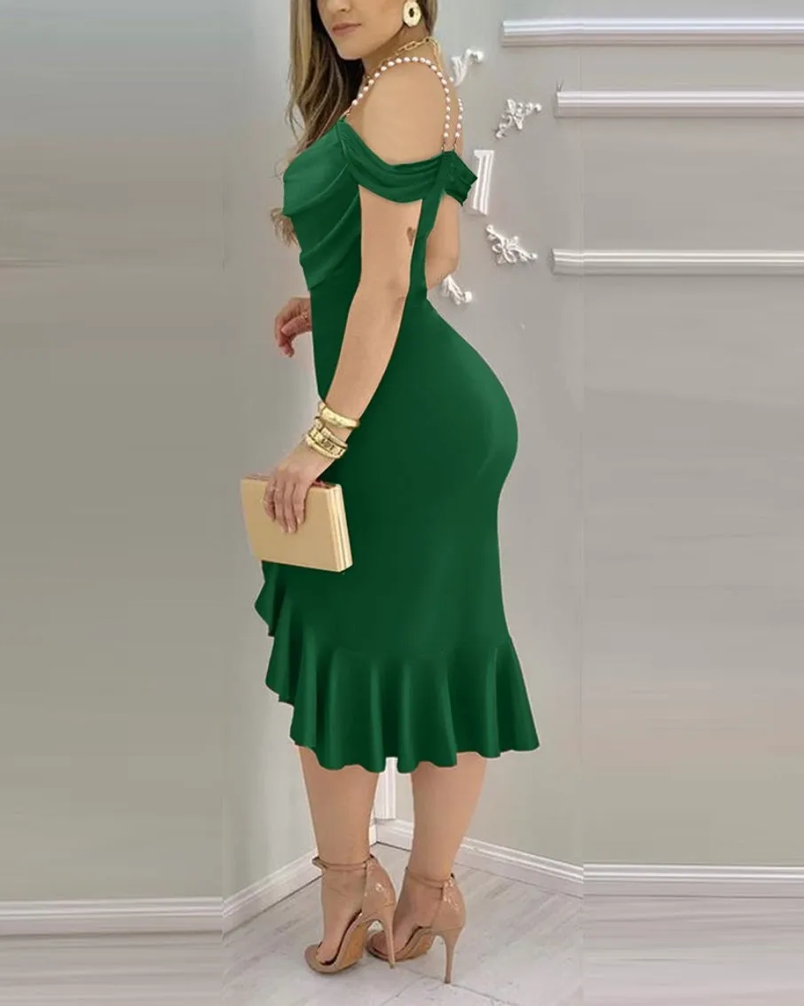 Elegant Pearl-Strap Draped Off-Shoulder Midi Dress with Ruffled Hem