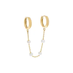 Embedded Pearl Double Chain Huggie Earring 14K