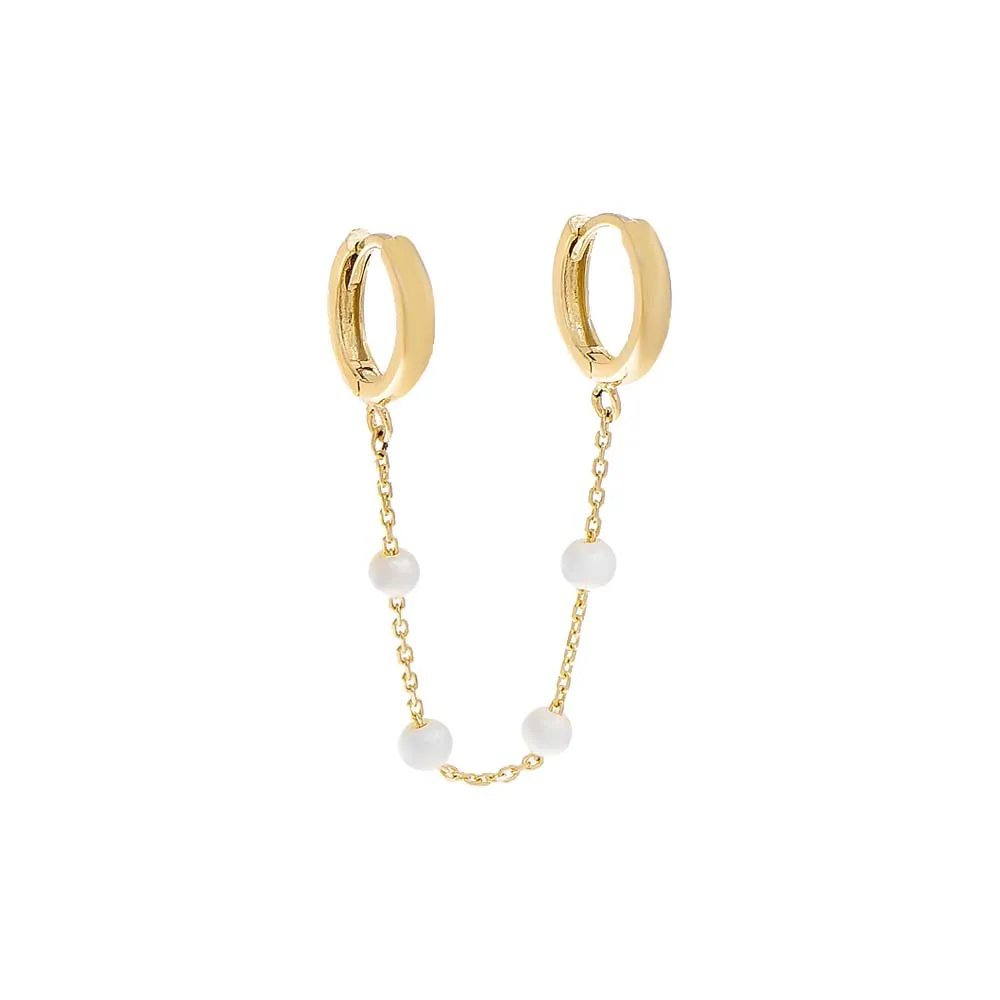 Embedded Pearl Double Chain Huggie Earring 14K