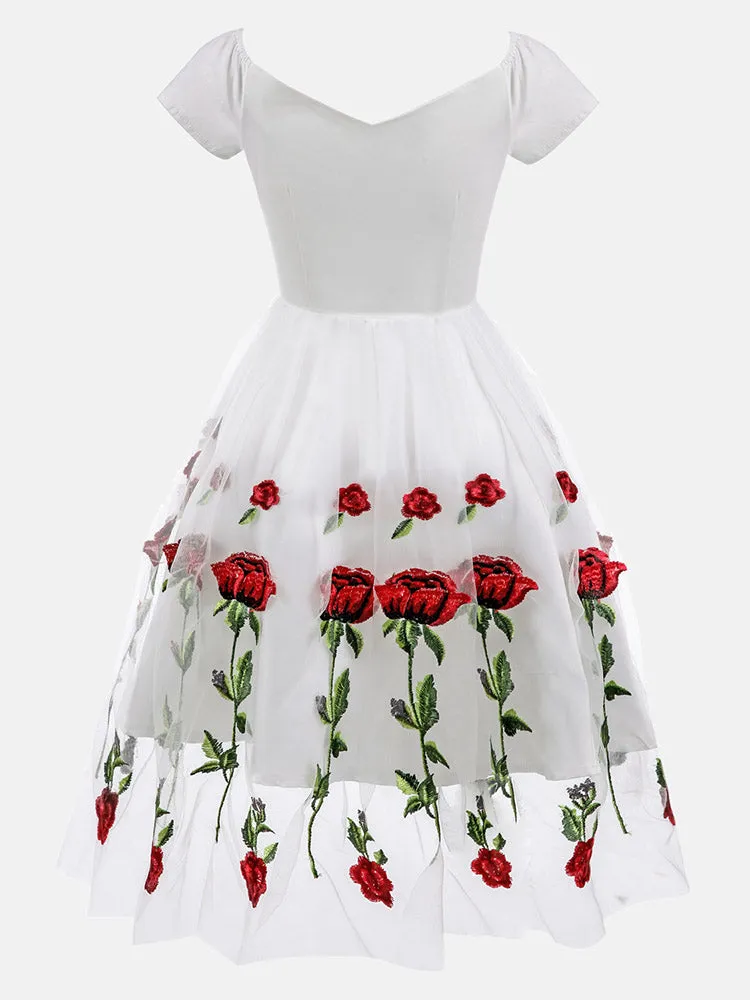 Embroidered Rose Mesh Party Dress