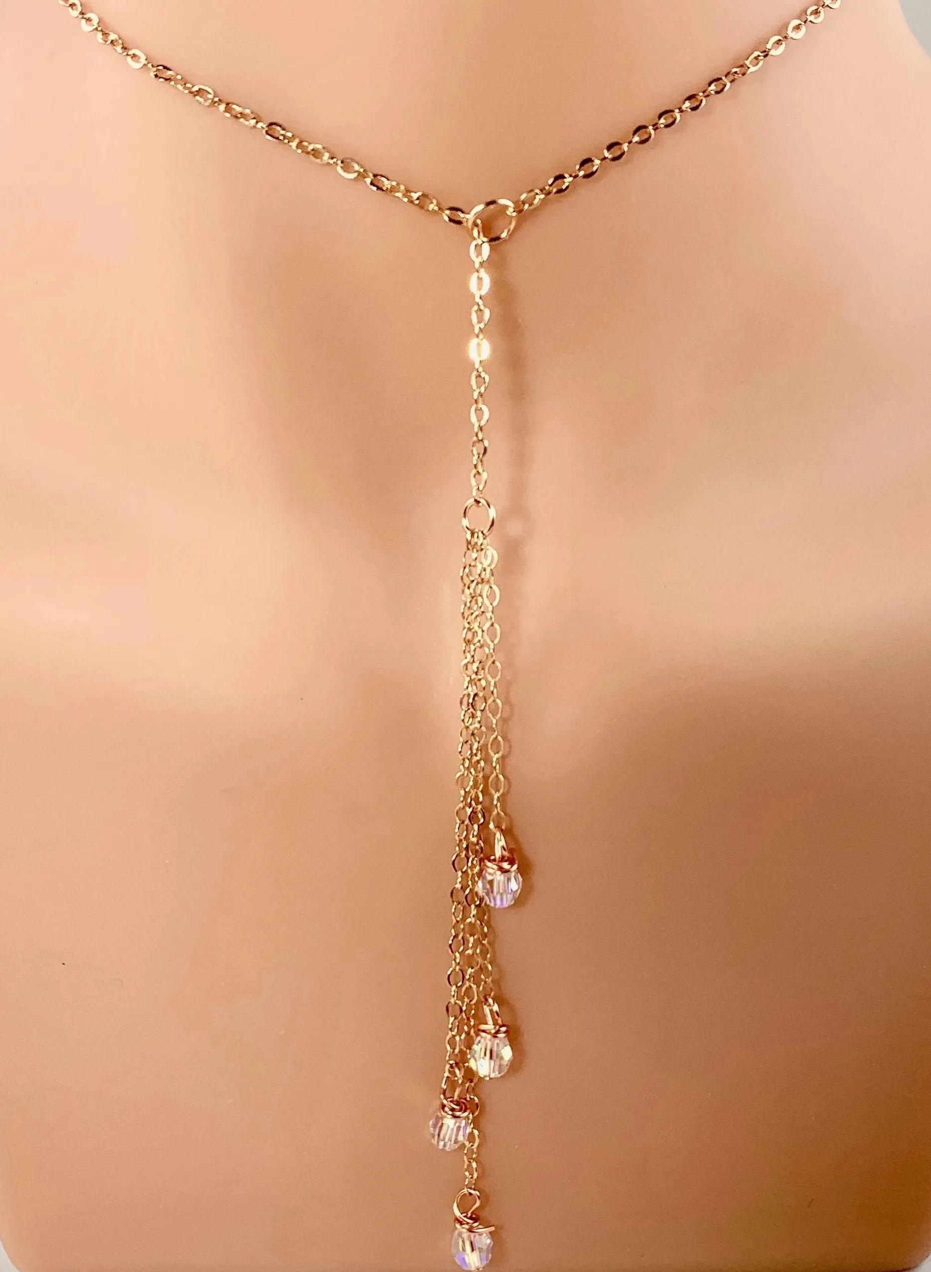 Evening Sparkle Four Crystal Dangle 14K Rose Gold Lariat
