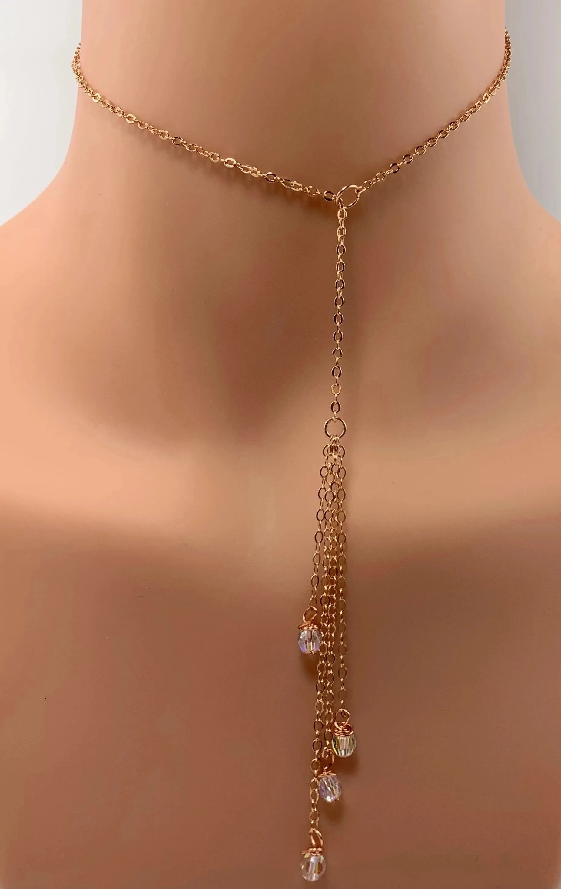Evening Sparkle Four Crystal Dangle 14K Rose Gold Lariat
