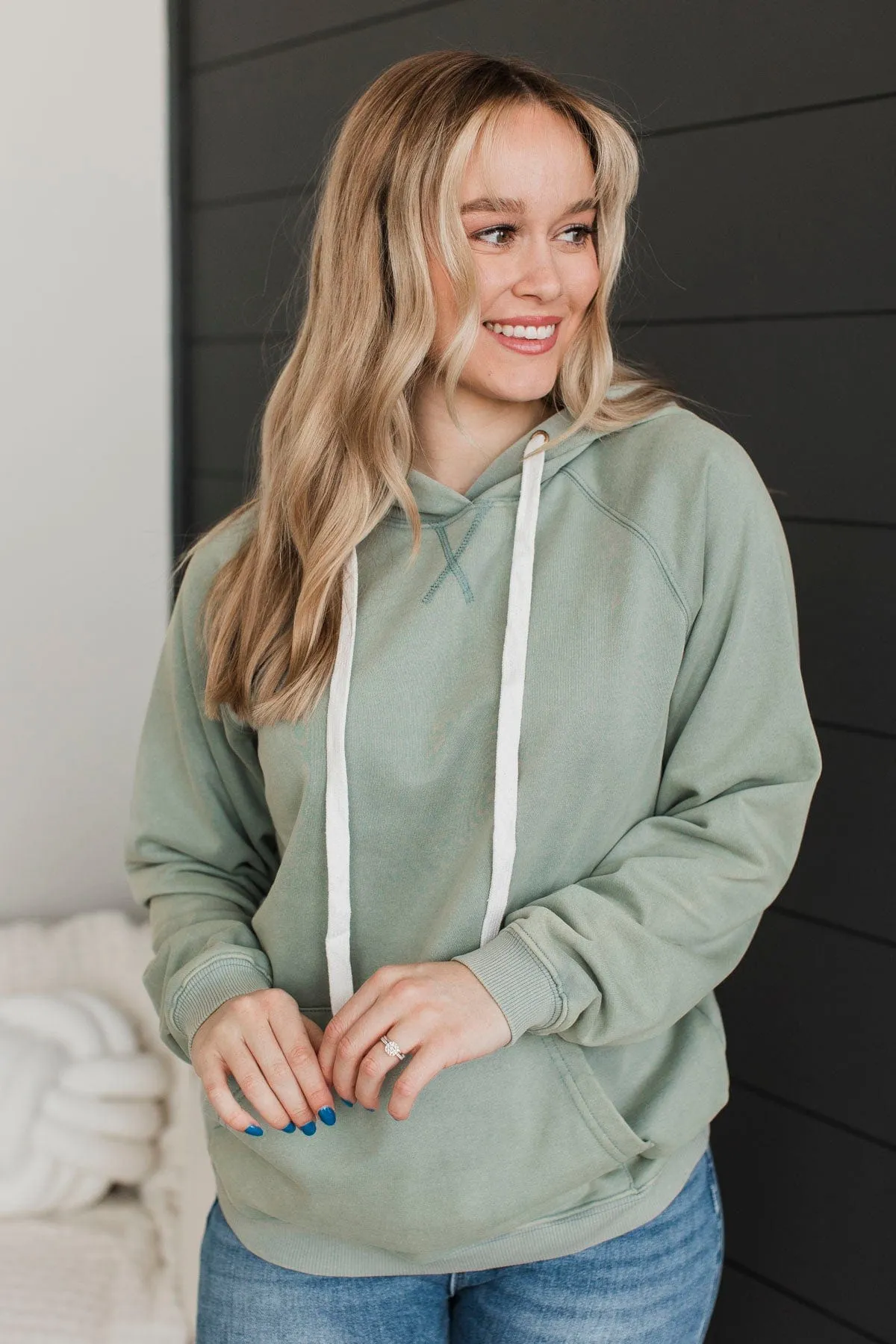 Excellent Mood Drawstring Hoodie- Dusty Sage