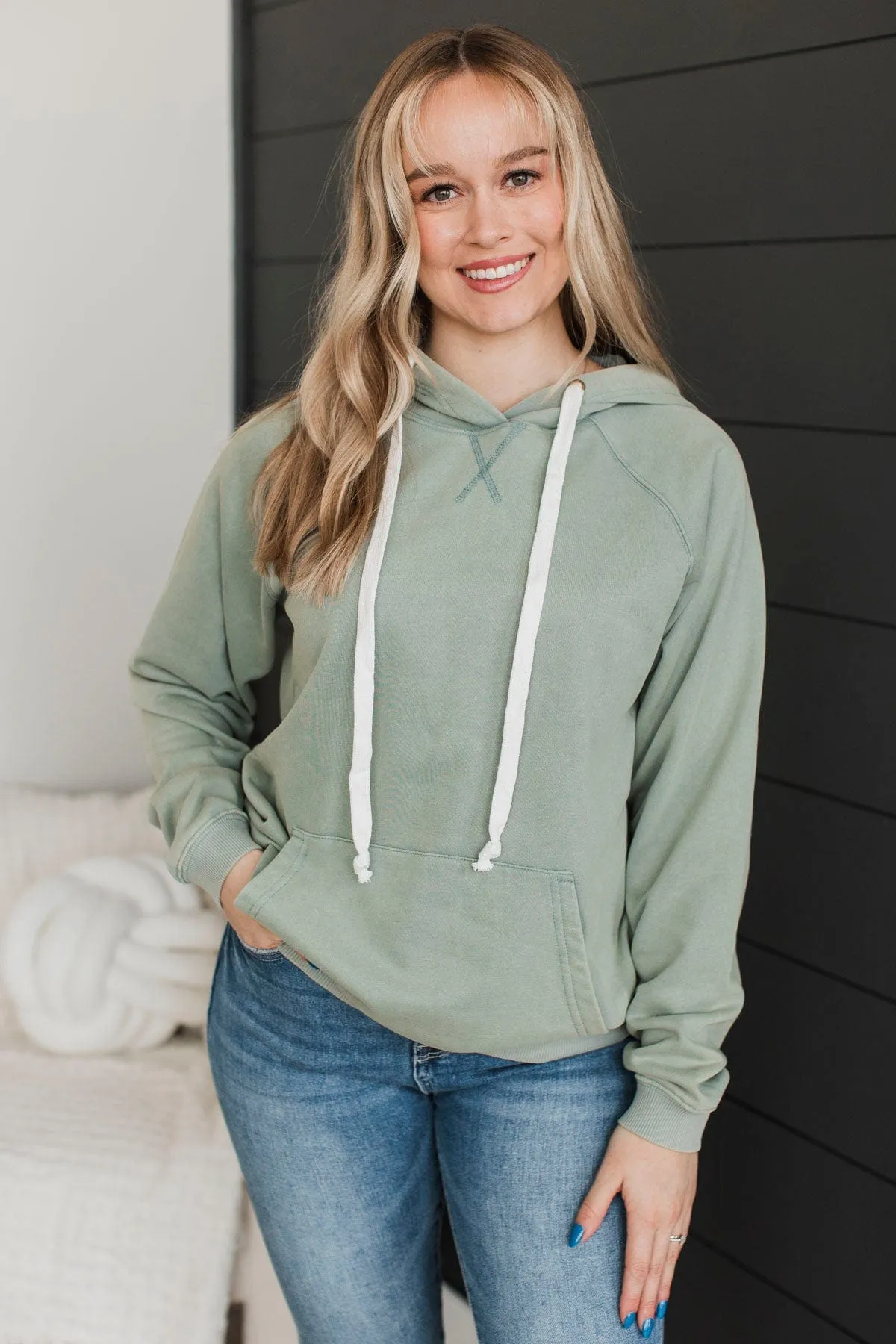 Excellent Mood Drawstring Hoodie- Dusty Sage