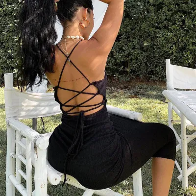 Fiora Spaghetti Strap Lace-Up Ribbed Bodycon Maxi Dress