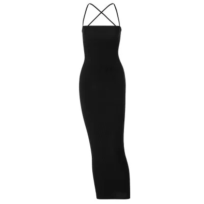 Fiora Spaghetti Strap Lace-Up Ribbed Bodycon Maxi Dress
