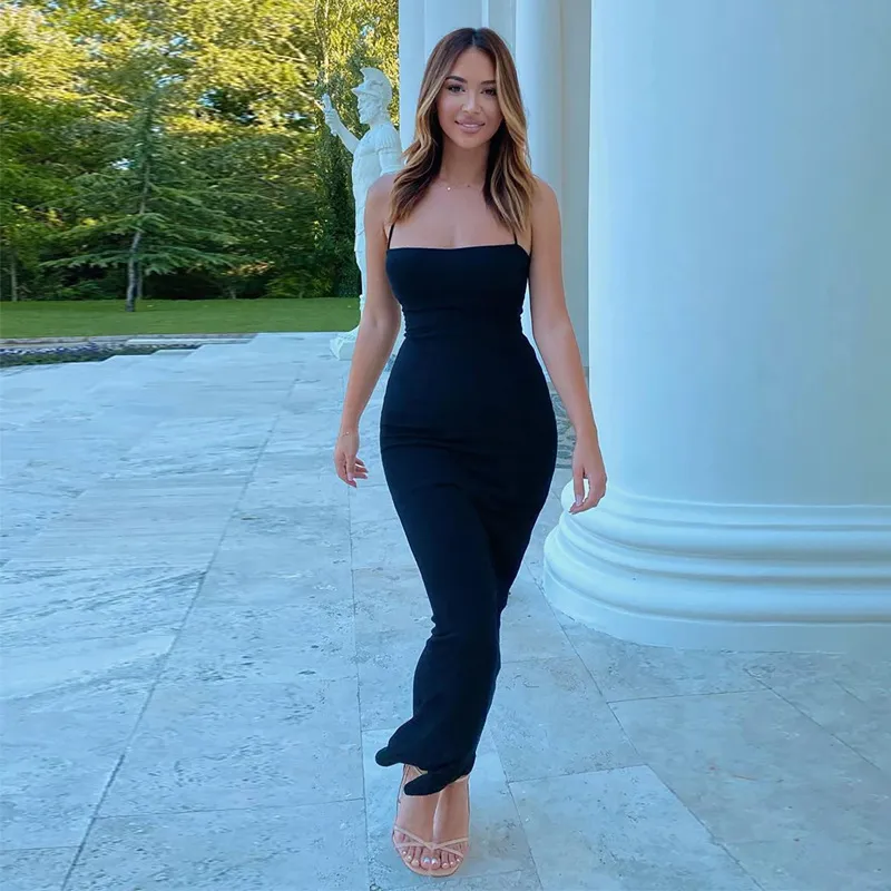 Fiora Spaghetti Strap Lace-Up Ribbed Bodycon Maxi Dress