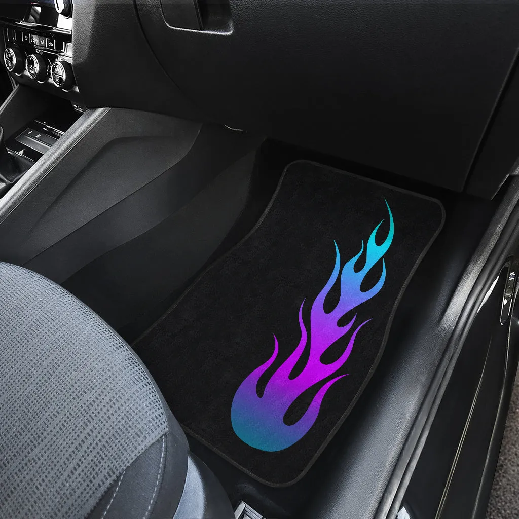 Flames in Turquoise and Purple Ombre on Black Floor Mats Set of 4