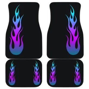 Flames in Turquoise and Purple Ombre on Black Floor Mats Set of 4
